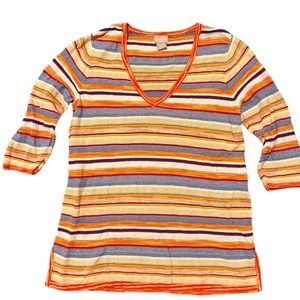 CHICOS 1 Med V NECK COTTON BLEND SWEATER SIDE SLIT Orange Purple Cream Stripe